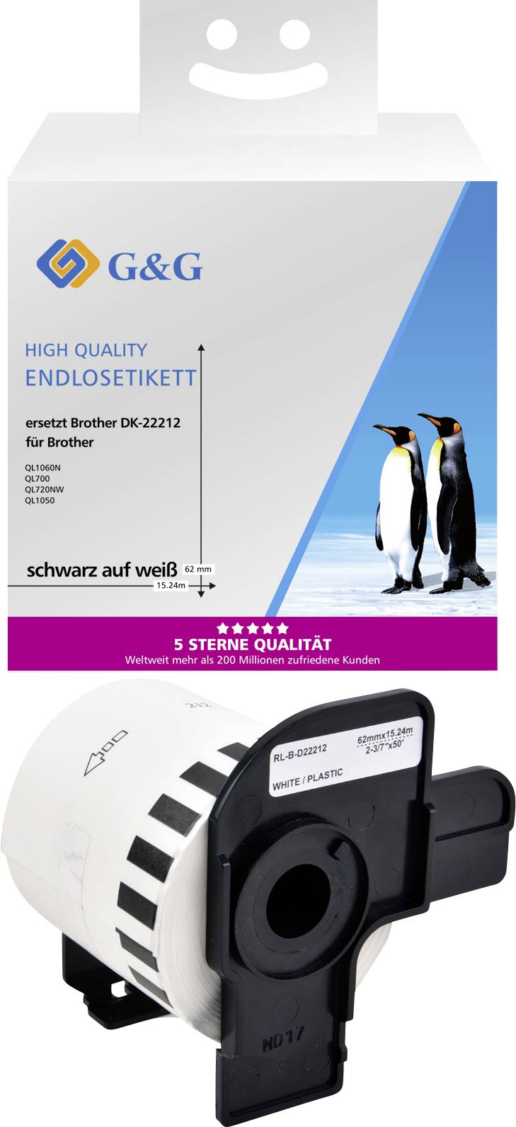 Endlosetikett für Brother DK-22212, schwarz auf weiß, 5 Sterne Qualität, mit Pinguinmotiv auf Verpackung, von G&G.