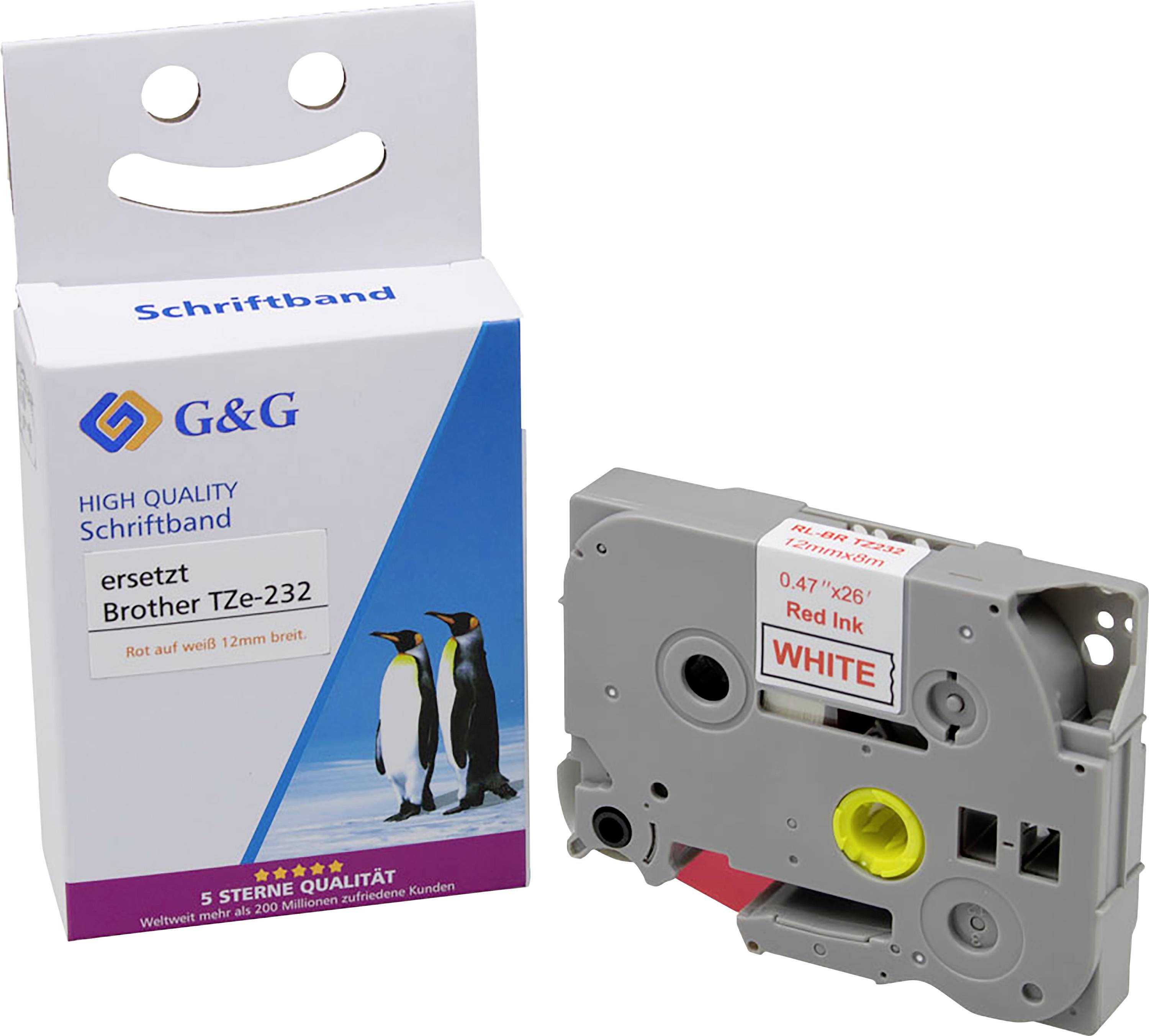 Schriftbandkartusche 'G&G' für Brother TZe-232, 12mm breit, rote Tinte auf weißem Hintergrund, Verpackung zeigt drei Pinguine.