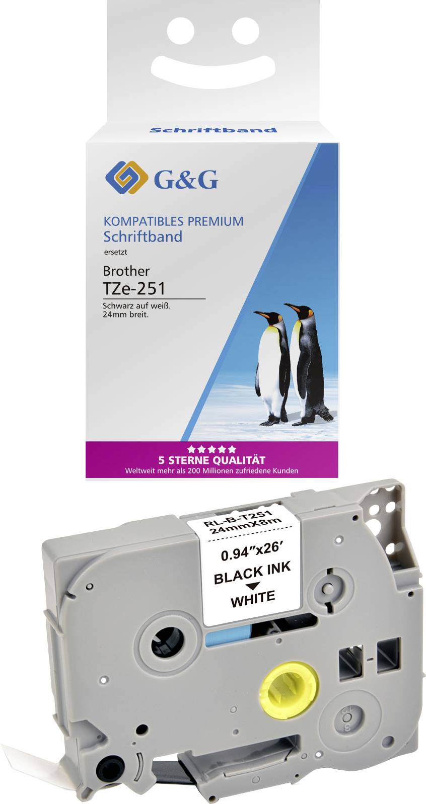 Verpackung einer kompatiblen Brother TZe-251 Schriftbandkassette, 24mm breit, schwarz auf weiß, mit Pinguin-Motiv darauf.