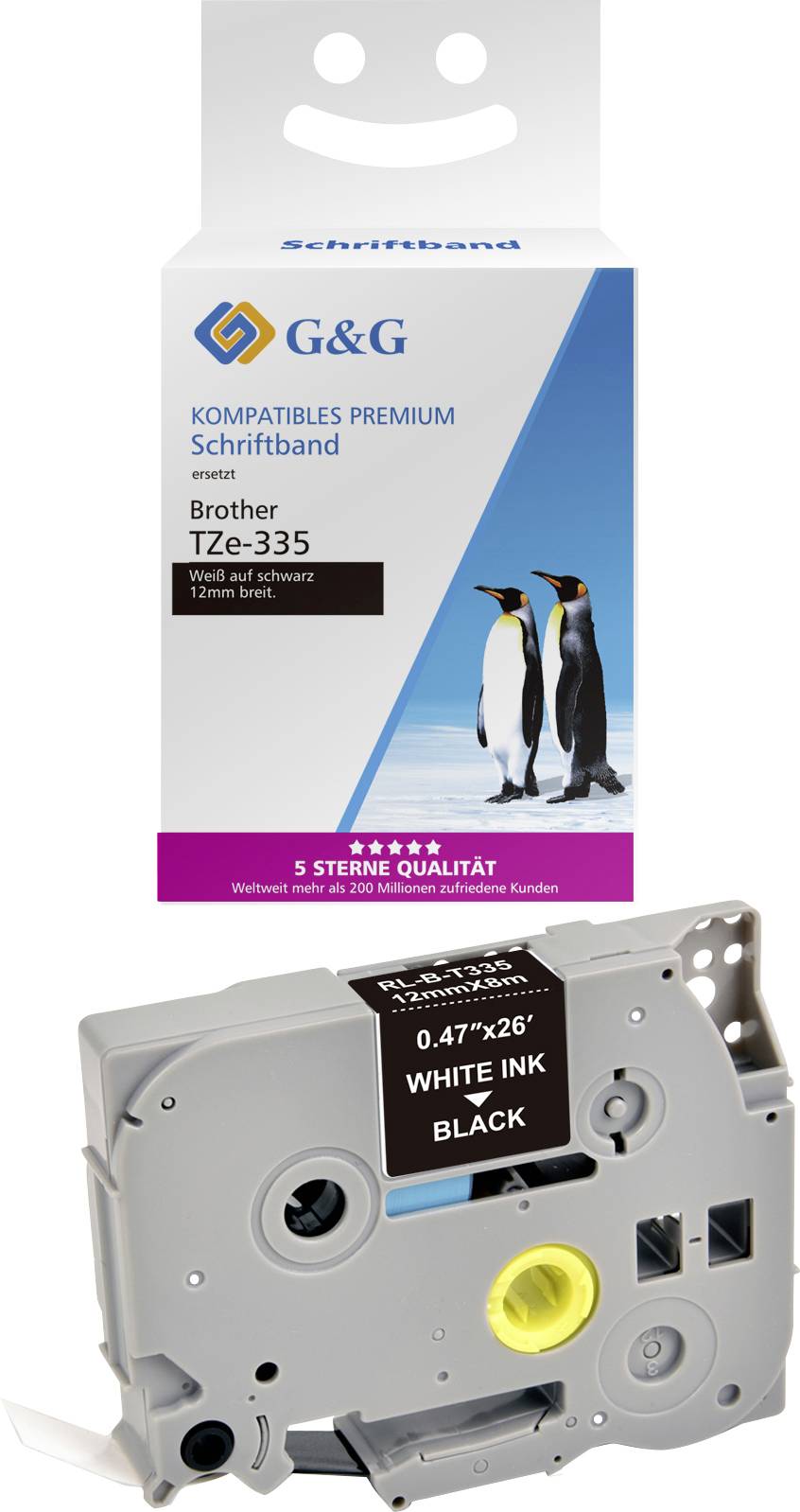 Eine Verpackung für kompatibles Premium-Schriftband der Marke G&G, Modell TZe-335, mit Pinguinmotiv und einer Kassette darunter.