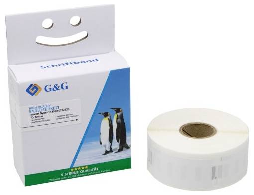Eine Packung mit Endlosetiketten von G&G, neben einer Rolle Etiketten. Auf der Verpackung sind Pinguinbilder und das Logo zu sehen.