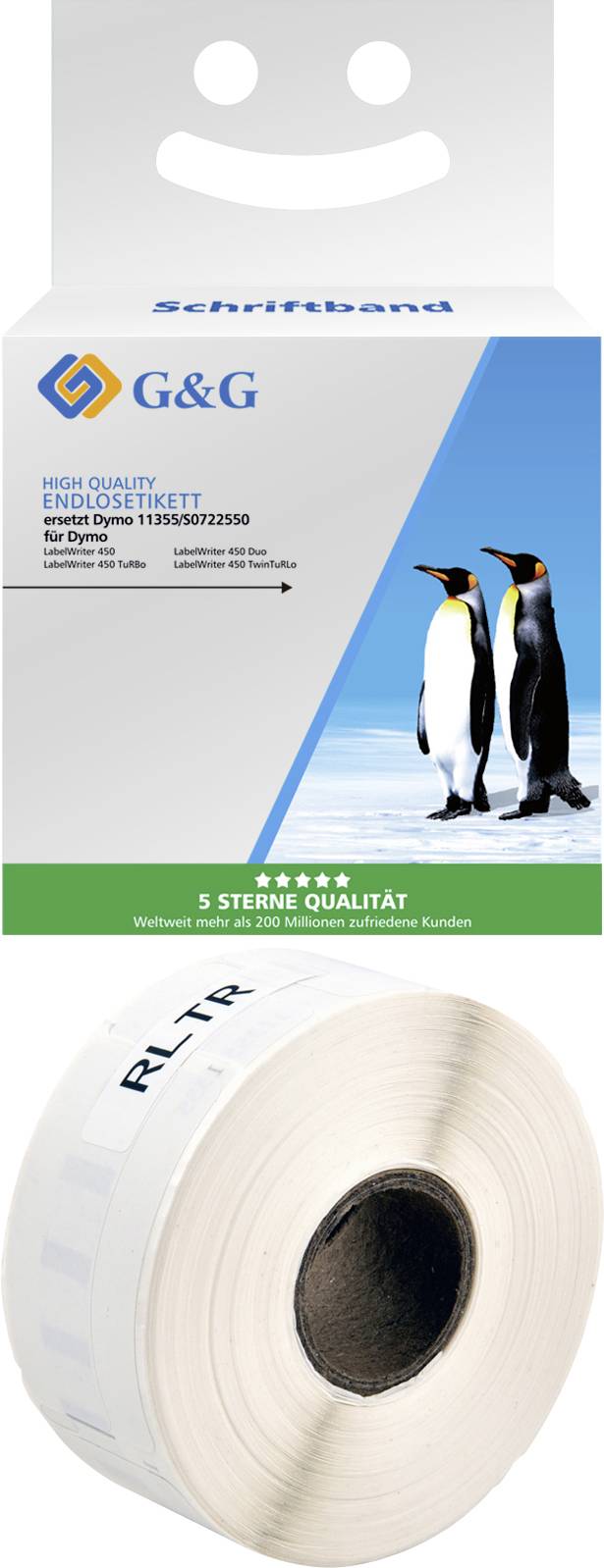 Eine Verpackung mit Pinguin-Bild und Text 'Endlosetikett'. Darunter eine Rolle mit weißem Schriftband, beschriftet mit 'RLTR'.
