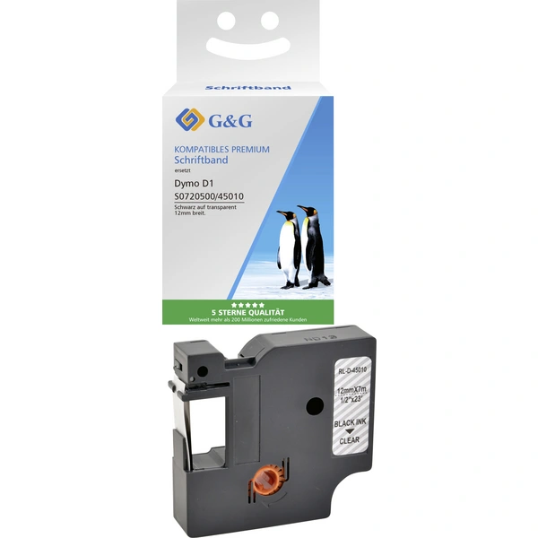 G&G Schriftband BB-D-G-D1-45010 Kompatibel ersetzt DYMO 45010 Bandfarbe: Transparent Schriftfarbe: Schwarz 12mm 7m G&G Schriftband BB-D-G-D1-45010 Kompatibel ersetzt DYMO 45010 Bandfarbe: Transparent Schriftfarbe: Schwarz 12mm 7m