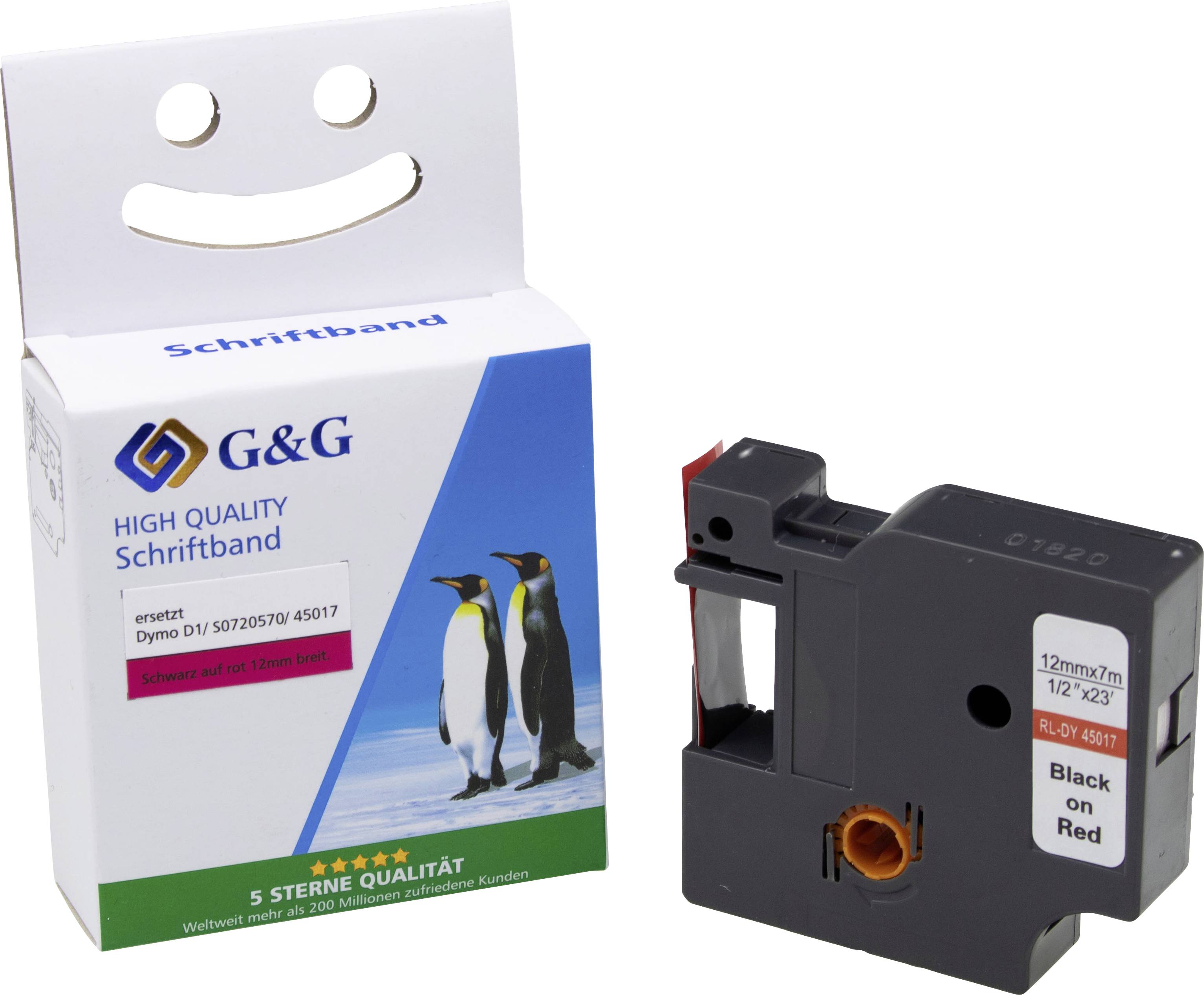 Schriftbandkassette mit Pinguinmotiv auf Verpackung. Passend für Dymo-Geräte, 12 mm x 7 m, schwarz auf rot.