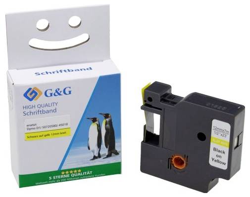 G&G Schriftband-Verpackung mit drei Pinguinen, ersetzt Dymo 45010, schwarz auf gelb, daneben eine Kassetteneinheit.