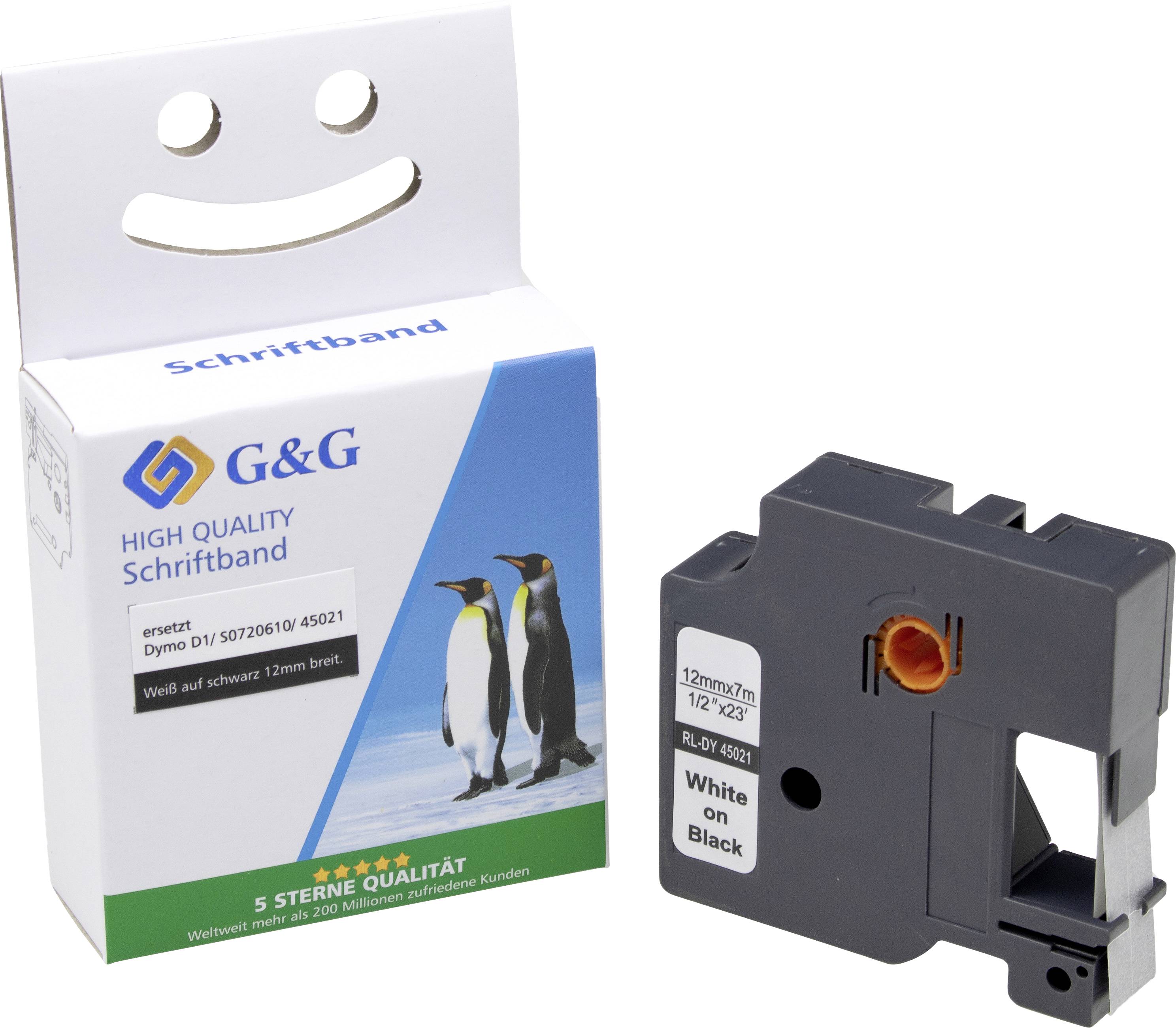 Eine Produktverpackung und ein Schriftbandkassette. Auf der Verpackung sind zwei Pinguine abgebildet. Text: 'White on Black'.