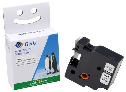 Eine Verpackung eines Schriftbands und eine Schriftbandkassette. Die Verpackung zeigt einen lächelnden Smiley und drei Pinguine.