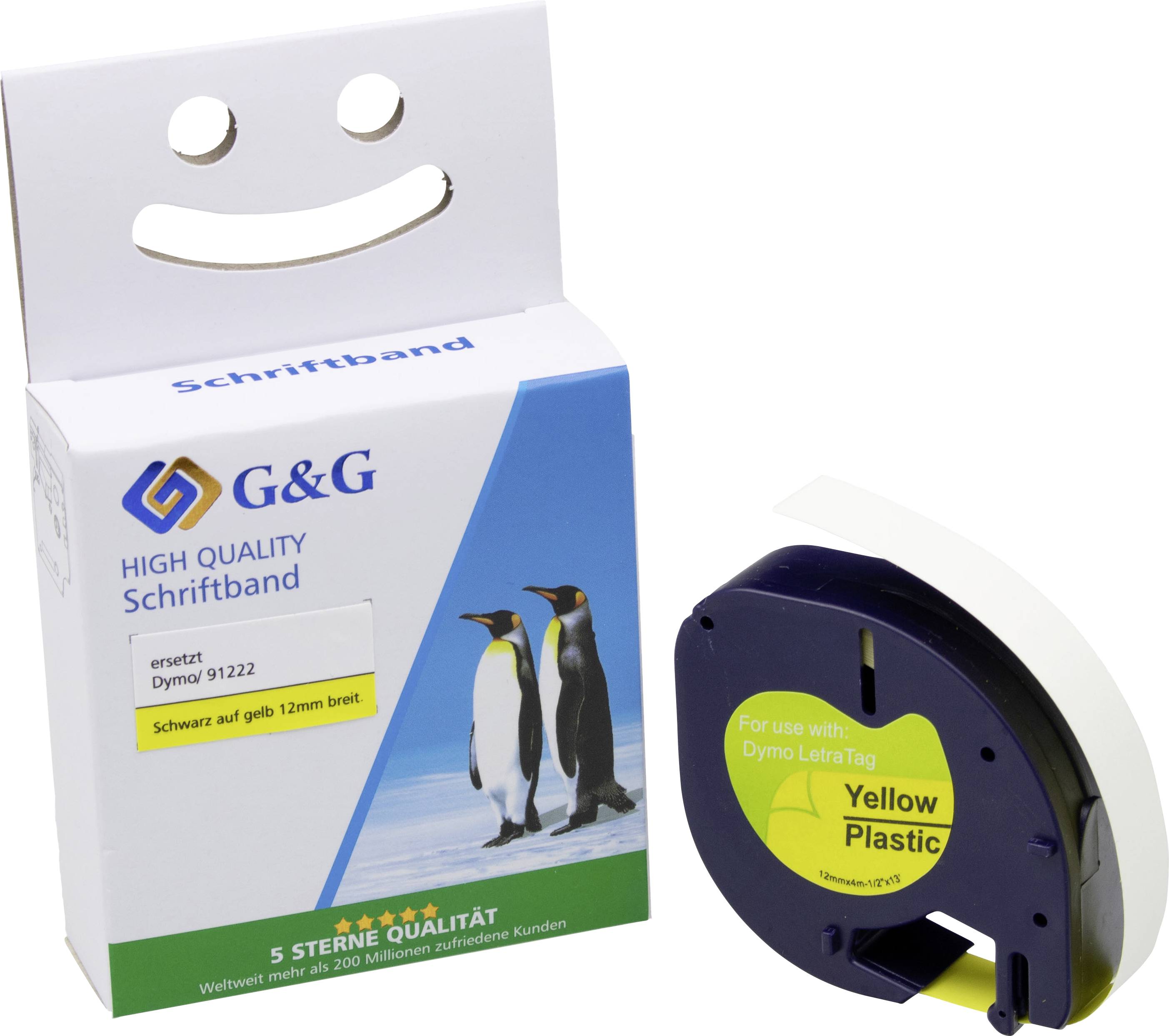 Kartonschachtel und Schriftbandkassette. Schachtel zeigt 'G&G High Quality Schriftband' und drei Pinguine. Kassette ist gelb markiert 'Yellow Plastic'.