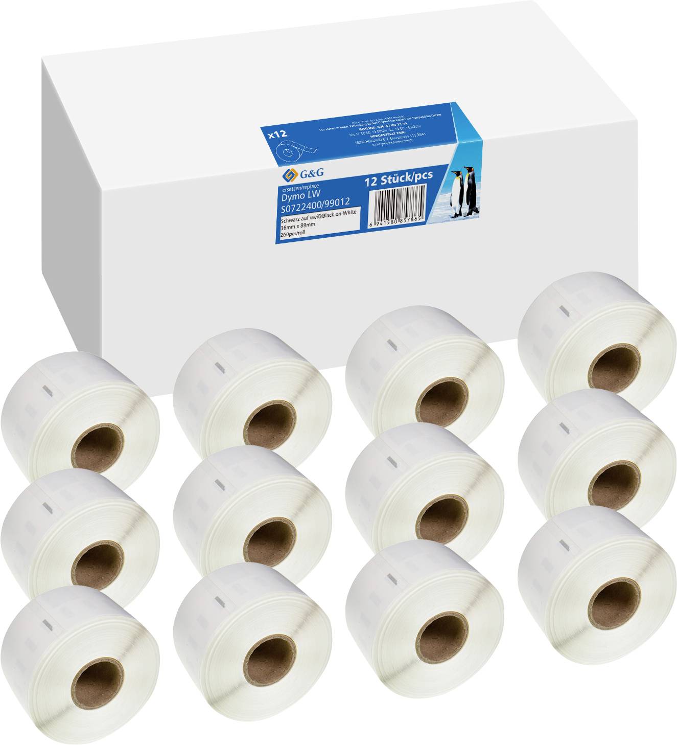 Weiße Kartonverpackung mit einem Etikett, das '12 Stück' angibt. Vor der Schachtel liegen zehn Papierrollen mit braunen Kernen.