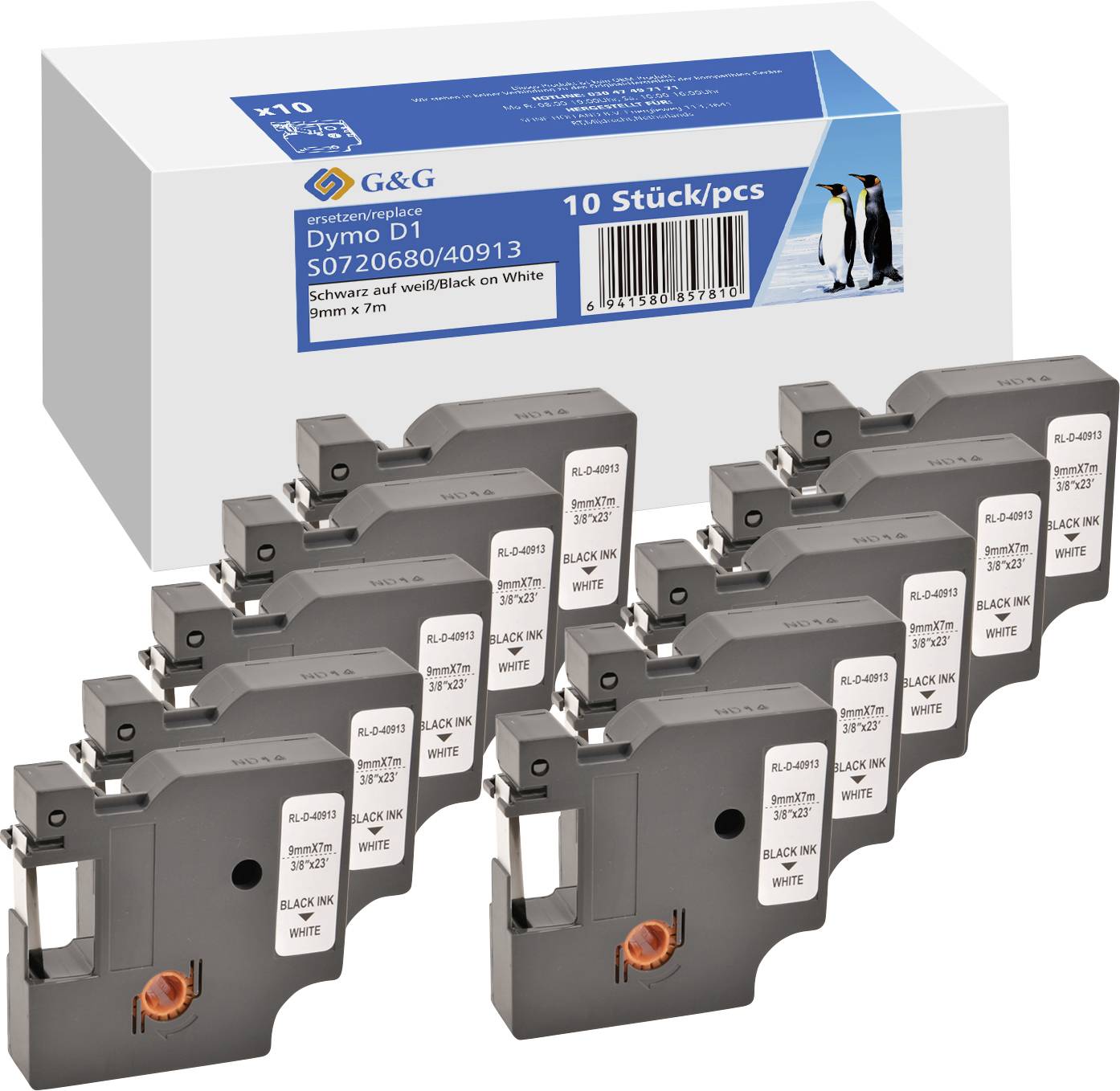 Zehn schwarze Dymo D1 Etikettenbänder auf weißem Hintergrund, verpackt in einer Schachtel mit einem Pinguinbild und Produktdetails.