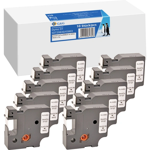 G&G Schriftband 10er Set BB-D-G-D1-45803-10 Kompatibel ersetzt DYMO 45803 Bandfarbe: Weiß Schriftfarbe: Schwarz 19mm 7m G&G Schriftband 10er Set BB-D-G-D1-45803-10 Kompatibel ersetzt DYMO 45803 Bandfarbe: Weiß Schriftfarbe: Schwarz 19mm 7m
