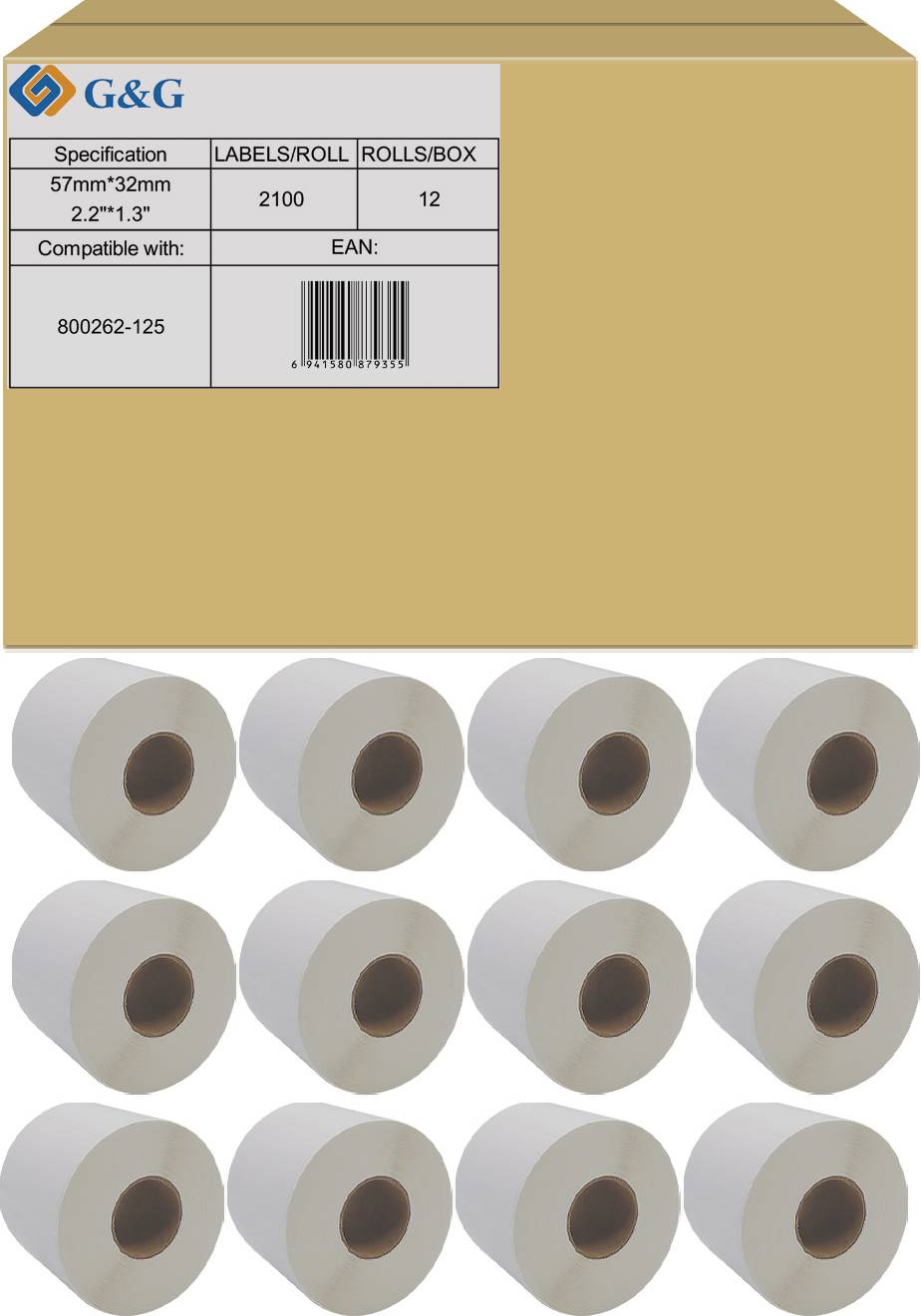 'G&G'-Verpackung für Etikettenrollen. Maße 57mm×32mm, 2100 Etiketten pro Rolle. Kompatibel mit Modell 800262-125. Zeigt 12 Rollen.