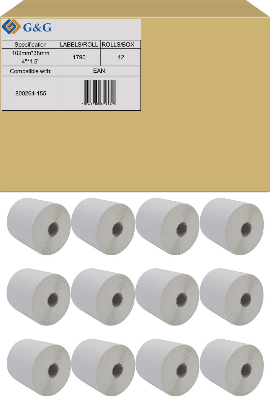 Karton mit zehn weißen Etikettenrollen. Etikett oben: Spezifikation '102mm*38mm', 1790 Etiketten pro Rolle, 12 Rollen pro Box.