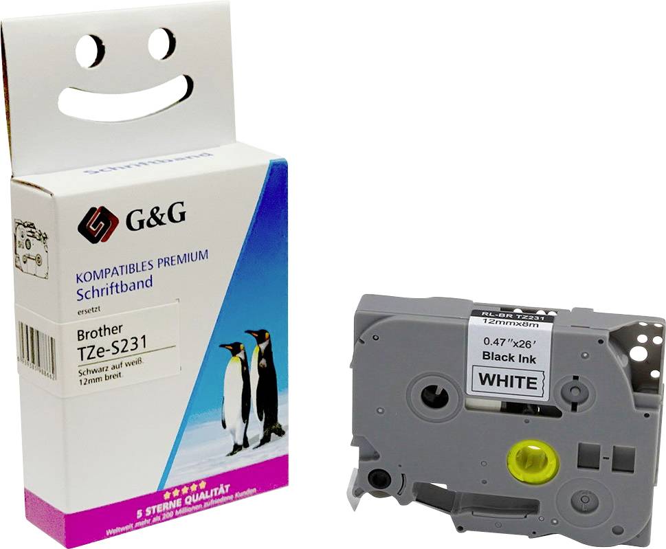 Etikettendruckerband 'TZe-S231' für Brother, schwarze Schrift auf weißem Hintergrund, 12 mm breit. Verpackung zeigt Pinguine.