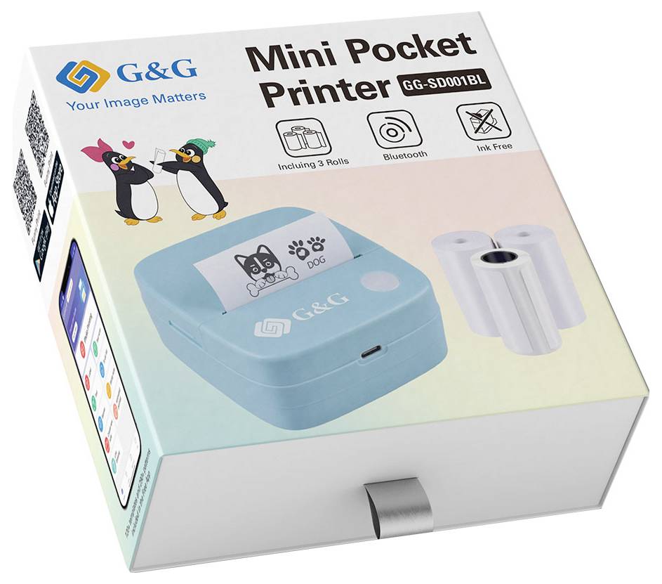 Eine Verpackung für einen Mini-Taschendrucker, Modell GG-SD001BL, in Blau. Enthalten sind drei Rollen; druckt ohne Tinte; Bluetooth-Verbindung. Verpackung mit Pinguin-Design.