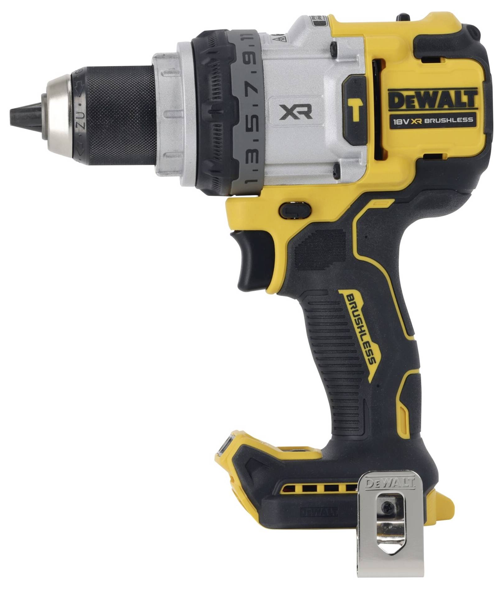 'DeWalt 18V XR Brushless Akkubohrschrauber' mit schwarz-gelbem Design, kompakter Bauweise und robustem Gehäuse, ideal für Bauarbeiten.
