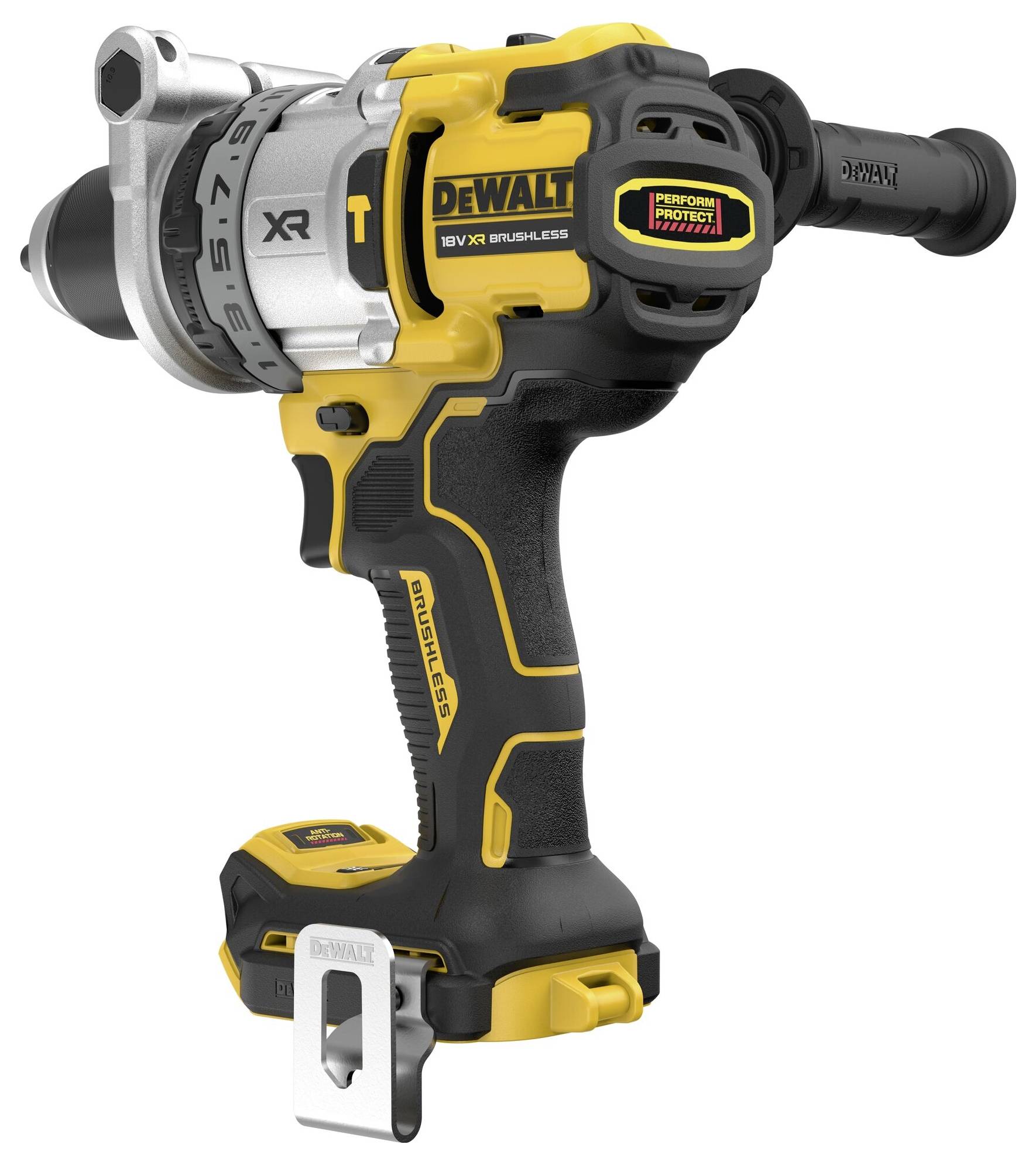 Kabellose Bohrmaschine in Schwarz und Gelb, 'DeWalt 18V XR Brushless' Modell, mit ergonomischem Griff und Gürtelclip.