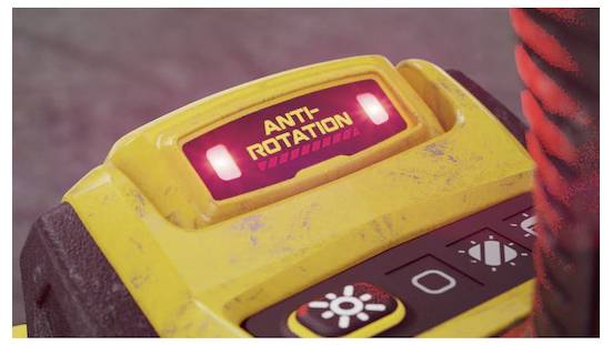 Ein gelbes Gerät mit einer roten, beleuchteten Anzeige liest 'ANTI-ROTATION'. Unterhalb der Anzeige befinden sich Tasten mit verschiedenen Symbolen. Das Bild konzentriert sich auf den Indikator des Geräts.