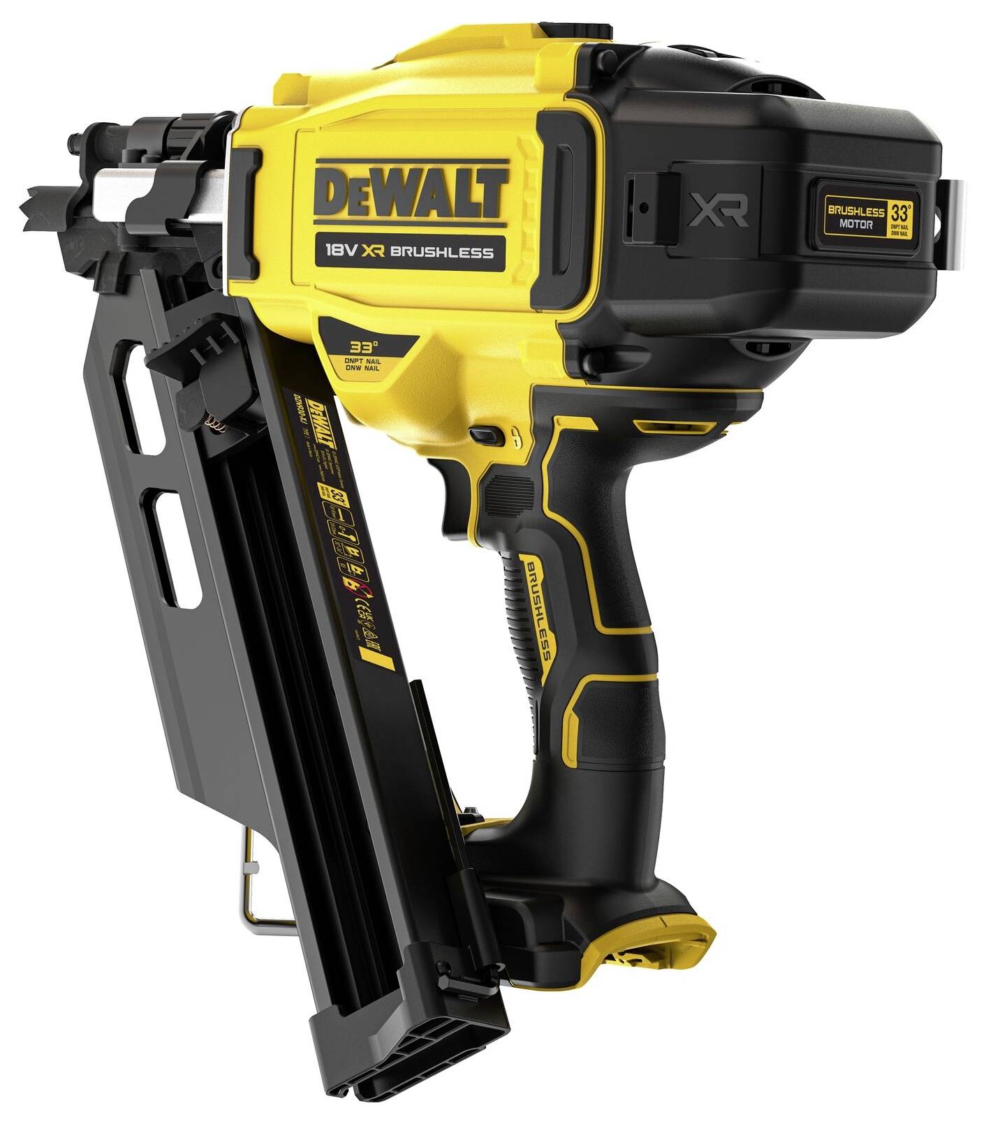 Gelber DeWalt Akku-Nagler, Modell '18V XR', mit bürstenlosem Motor, für Bau- und Holzarbeiten geeignet.
