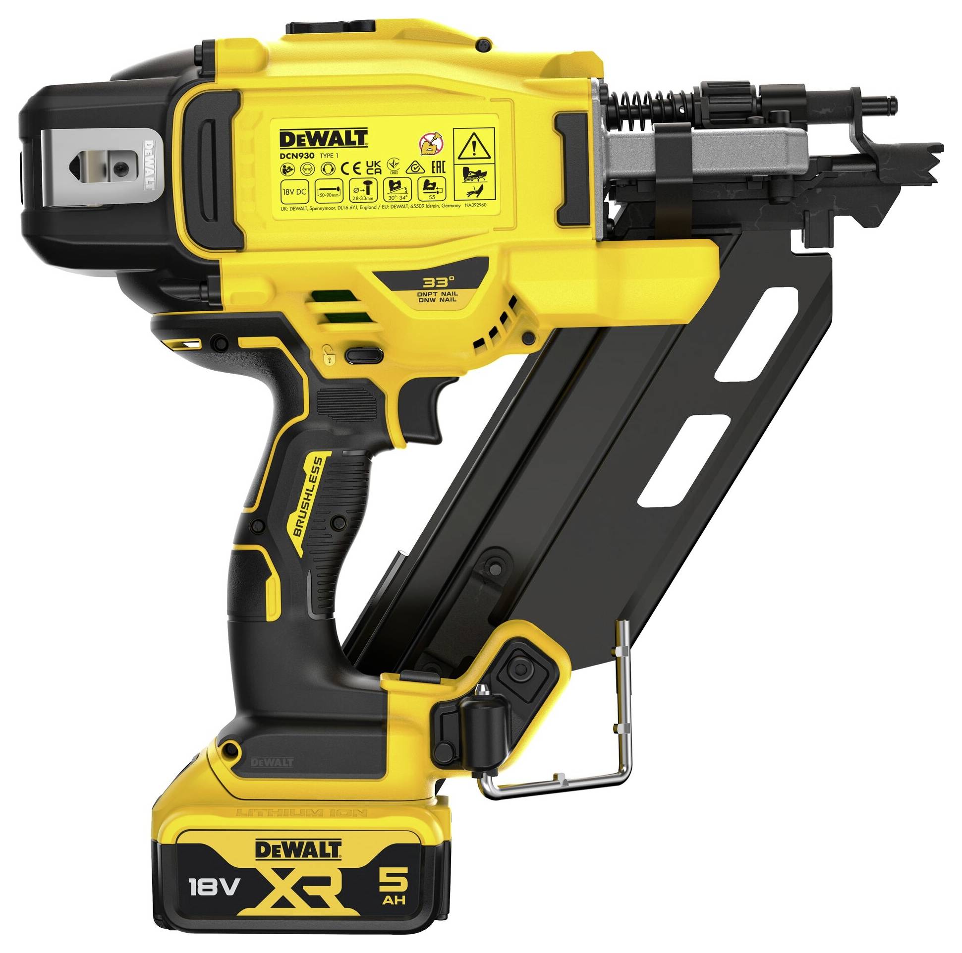 Ein gelber, kabelloser Nagler von DeWalt mit einem 18V XR 5Ah Akku, geeignet für die Befestigung von Materialien.