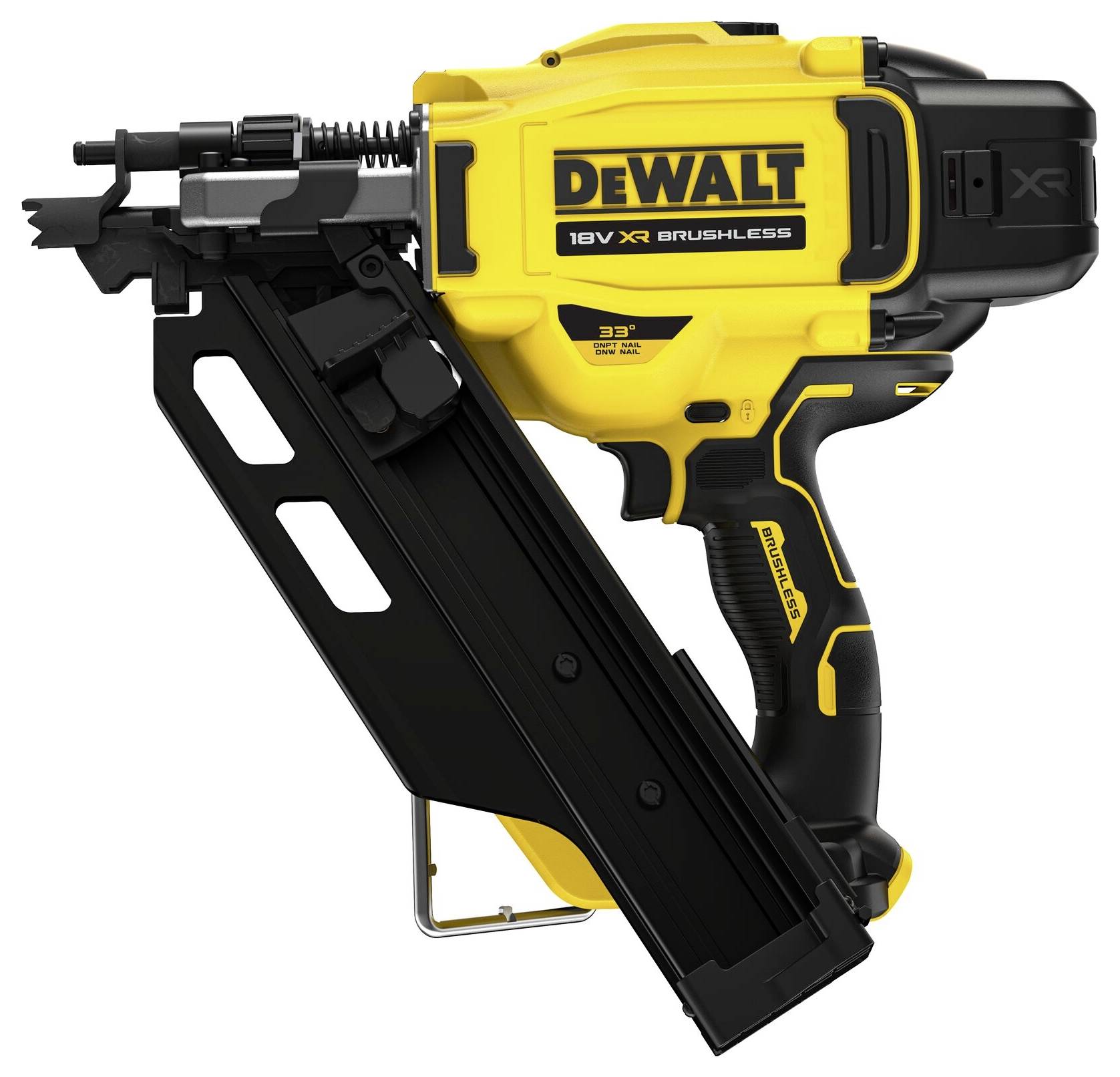 Gelber und schwarzer kabelloser Nagler von DeWalt, Modell 18V XR Brushless, seitliche Ansicht mit Magazin für Nägel.