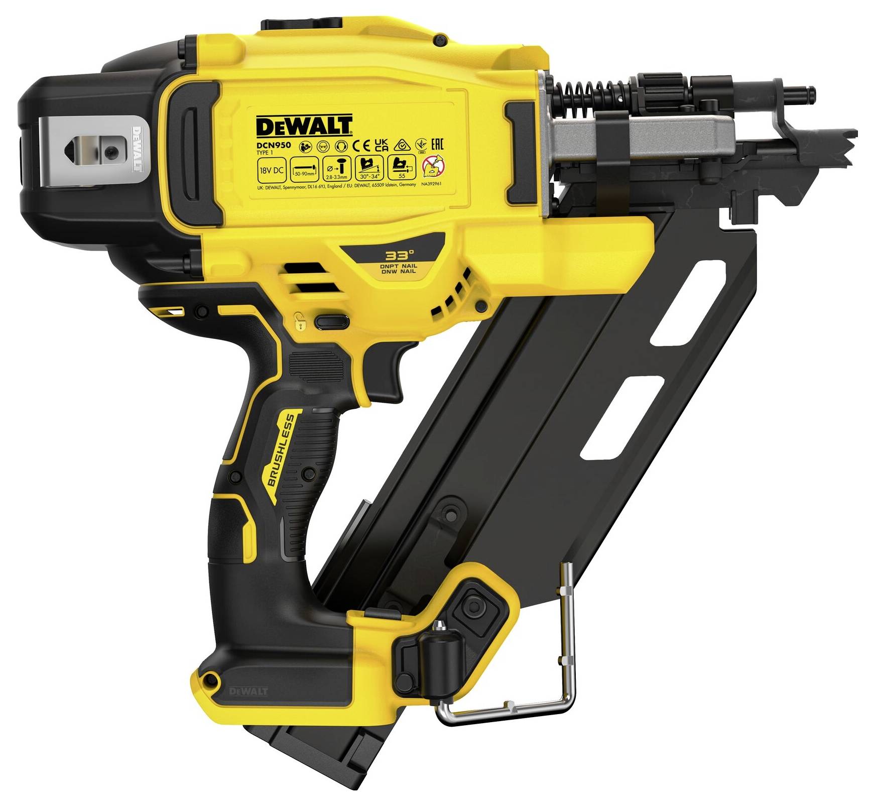 Gelber und schwarzer elektrischer Nagler von DEWALT, Modell DCN692, mit robuster Bauweise und ergonomischem Griff.