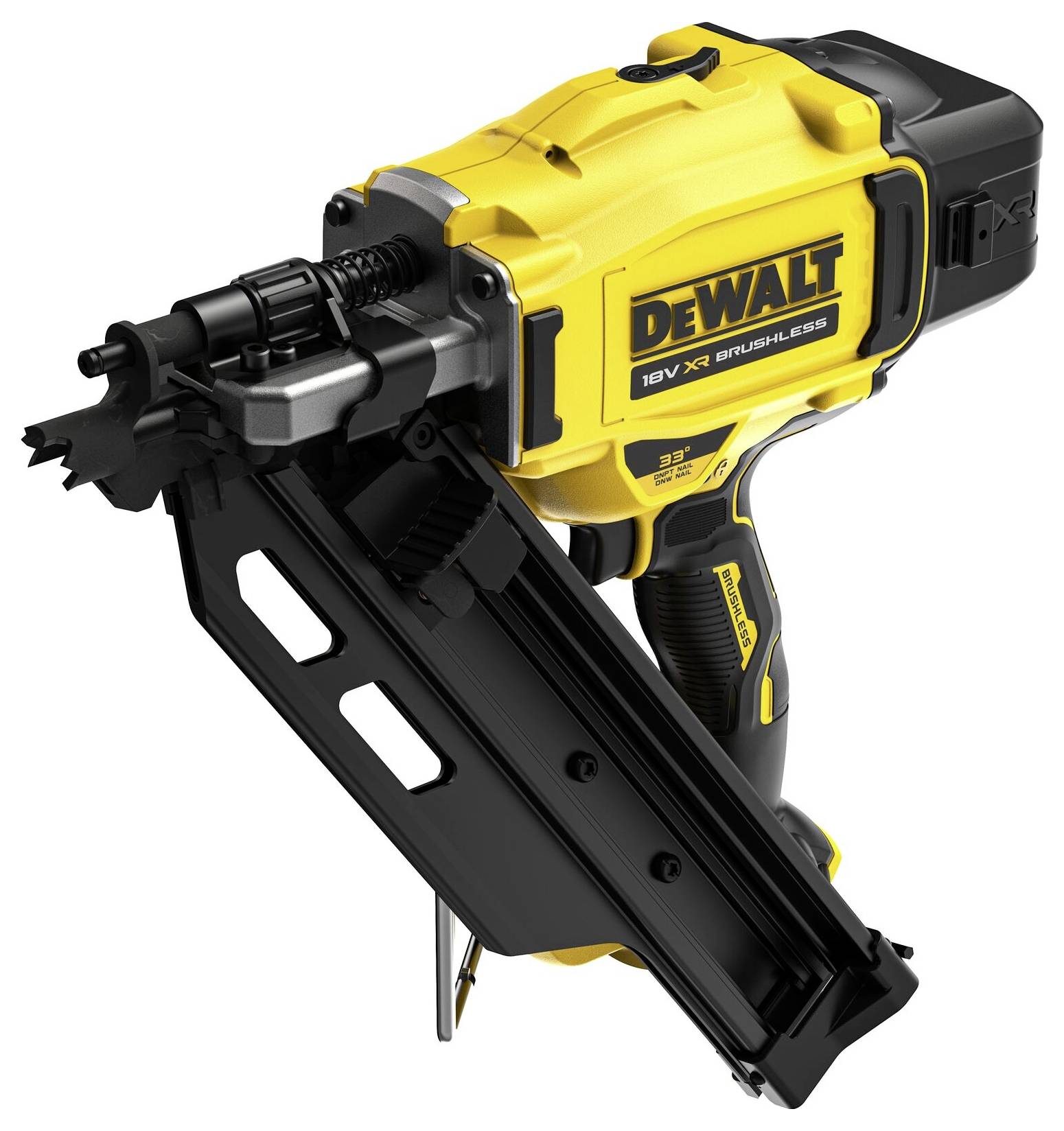 Gelber und schwarzer Druckluftnagler von Dewalt, Modell '18V XR Brushless', mit Magazin für Nägel und ergonomischem Griff.