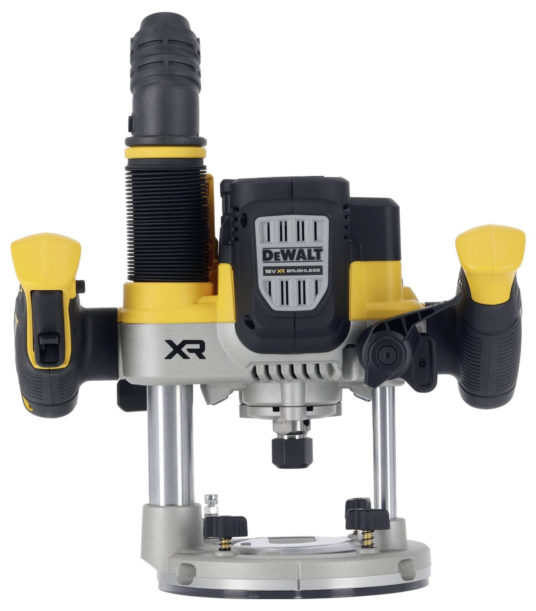 Oberfräse in Gelb und Schwarz, Modell mit zwei Griffen und Sichtfenster für präzises Fräsen. Markenlogo auf der Vorderseite.