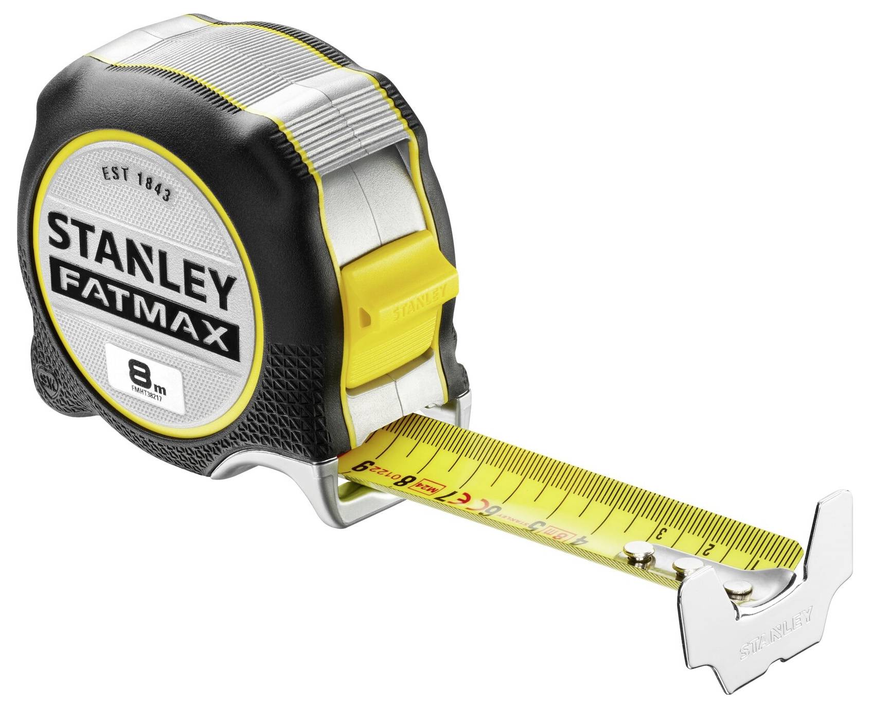 Ein Maßband der Marke Stanley Fatmax mit einer Ausdehnung von 8 Metern, gelbes Band mit Markierungen für präzises Messen.