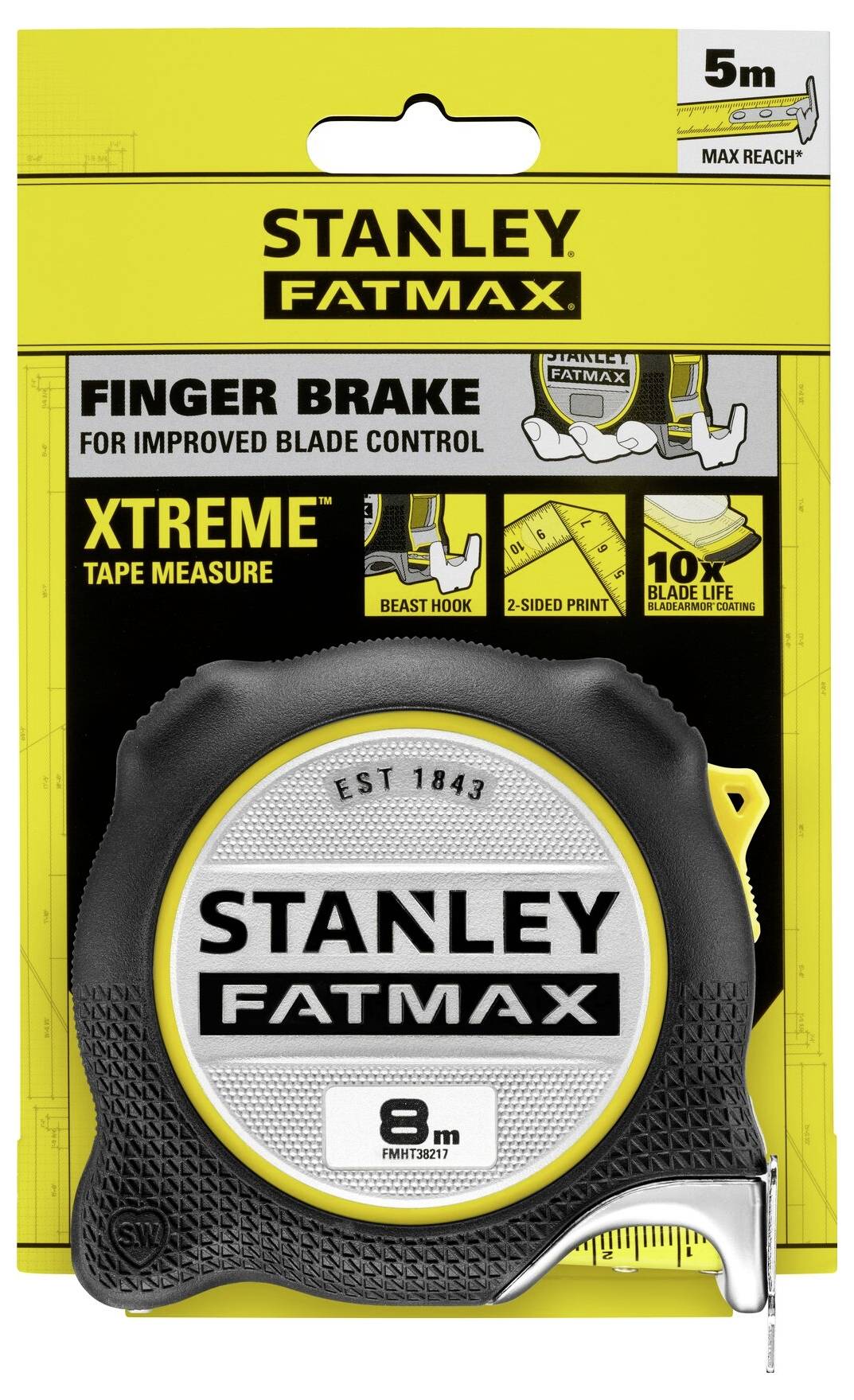 Ein Stanley FatMax Maßband mit Fingerbremse für bessere Klingensteuerung, 8 m lang, robuste Bauweise, gelbes und schwarzes Design.