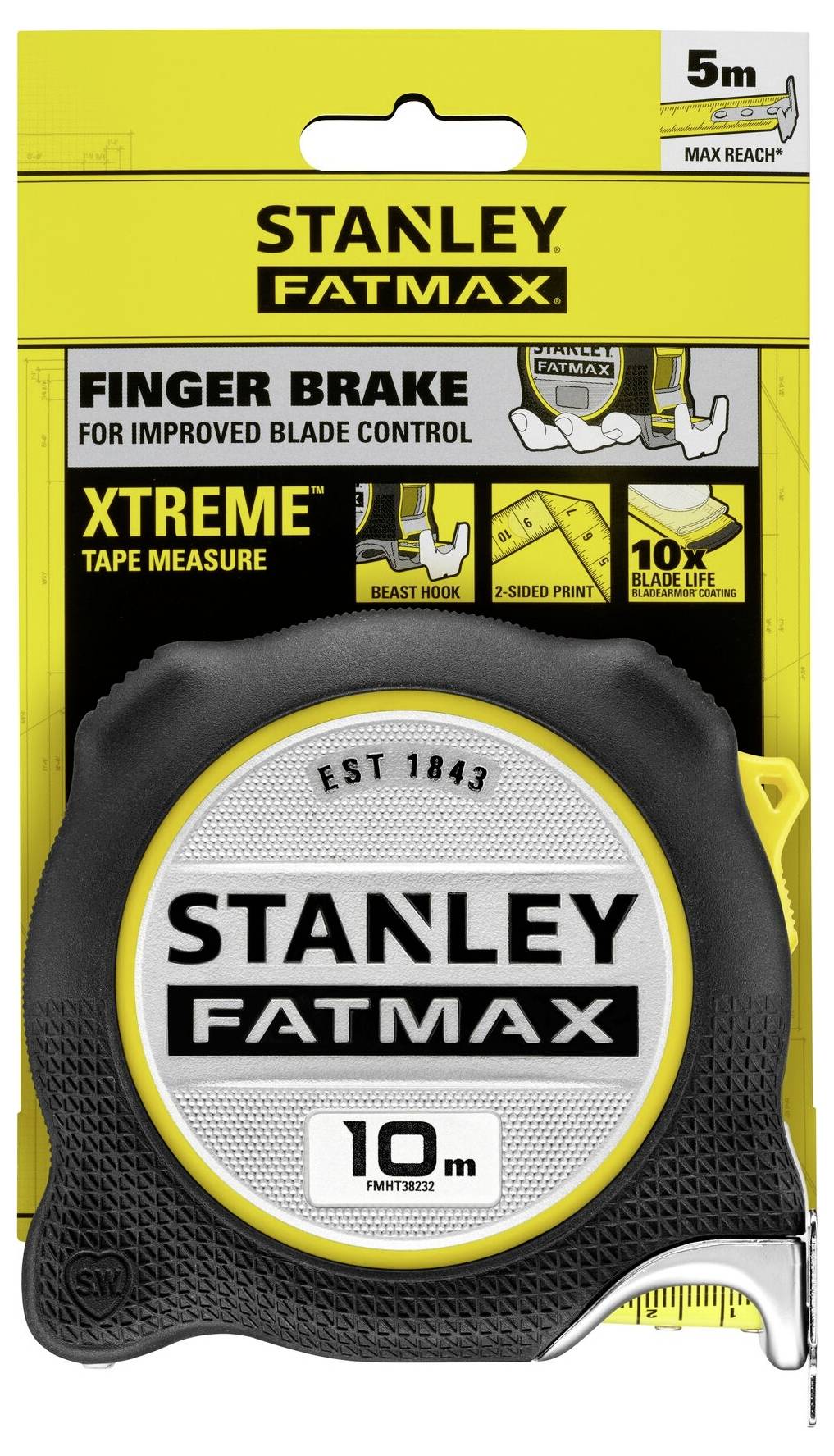 Stanley FatMax Maßband, 10 m Länge, mit Fingerbremse für bessere Kontrolle und beidseitigem Druck, besonders robust.