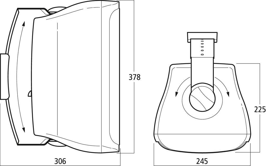 Technische Zeichnung eines Geräts mit Maßen: Breite 306 mm, Höhe 378 mm, Tiefe 245 mm. Seiten- und Vorderansicht.