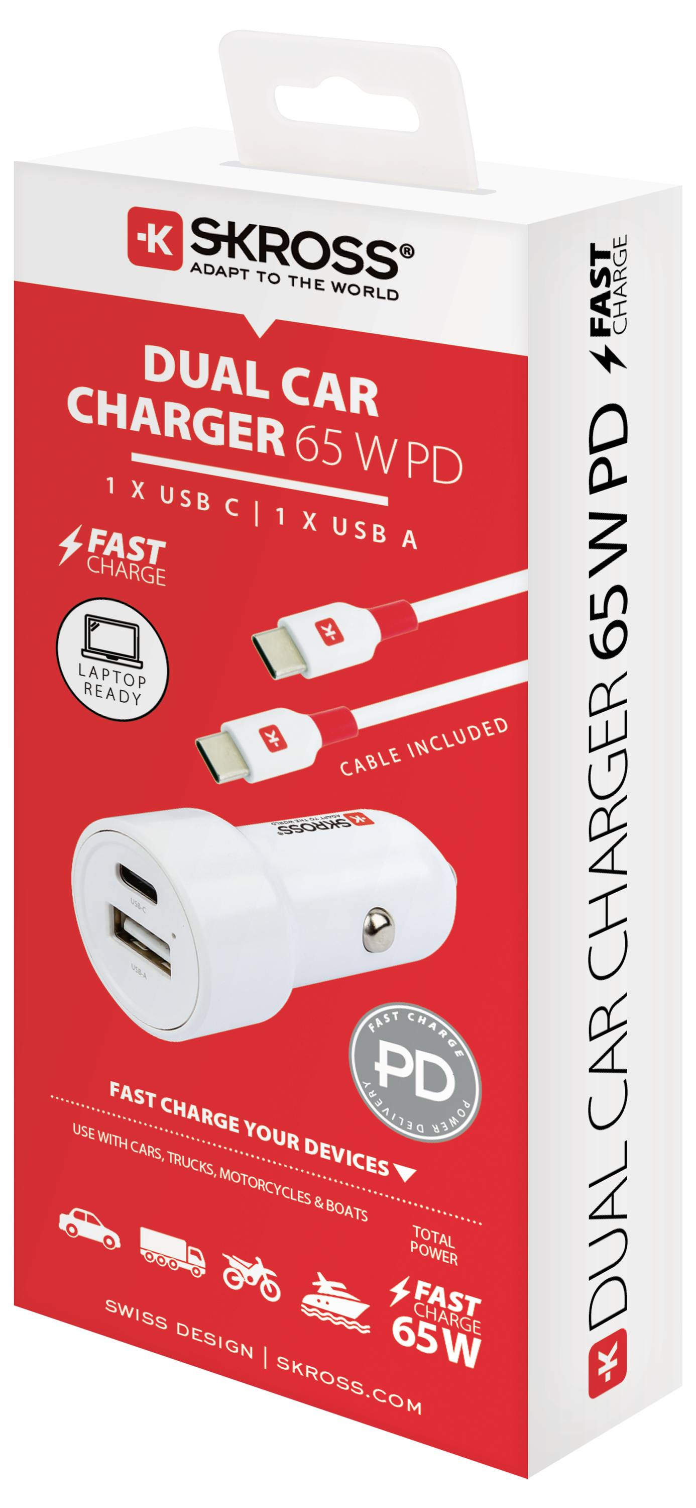 Skross Dual Car Charger 65W PD Belastbarkeit Strom max.=3.25A 12V zu 5 V, 12/24 V, 24V zu 5V