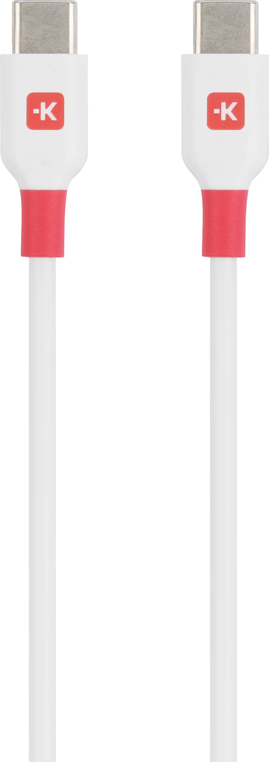 USB-C-Kabel mit roten und weißen Steckern, geeignet für Verbindungen von Geräten wie Smartphones oder Laptops.