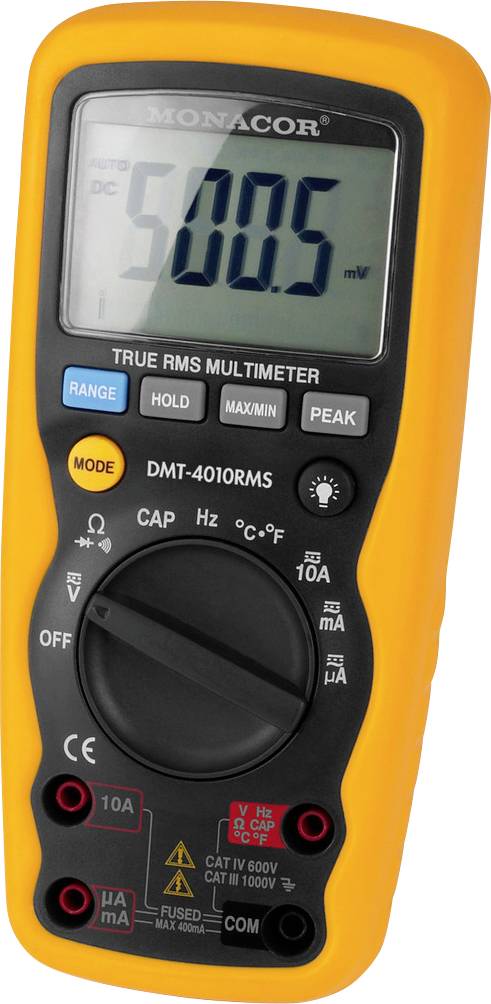 Digitales Multimeter mit orangem Gummigehäuse, zeigt '500.5' auf dem Bildschirm für die DC-Spannungsmessung. Verschiedene Tasten und Funktionen sichtbar.