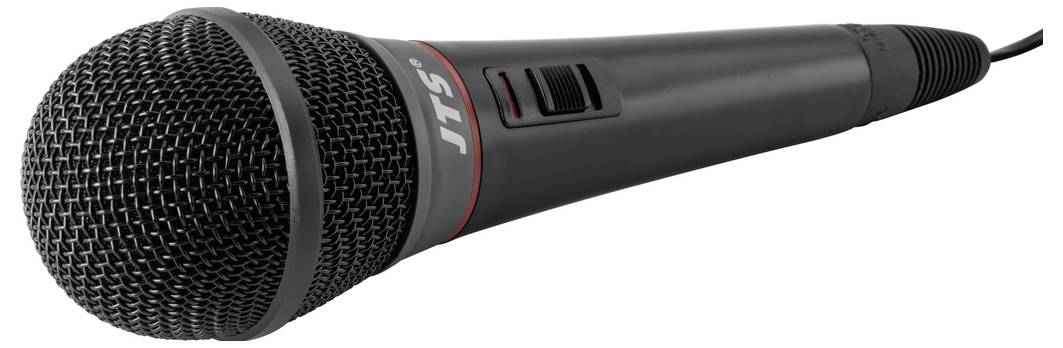 Ein schwarzes Handmikrofon mit rotem Ring und Kabel. Es eignet sich zum Singen und Reden auf der Bühne oder bei Veranstaltungen.