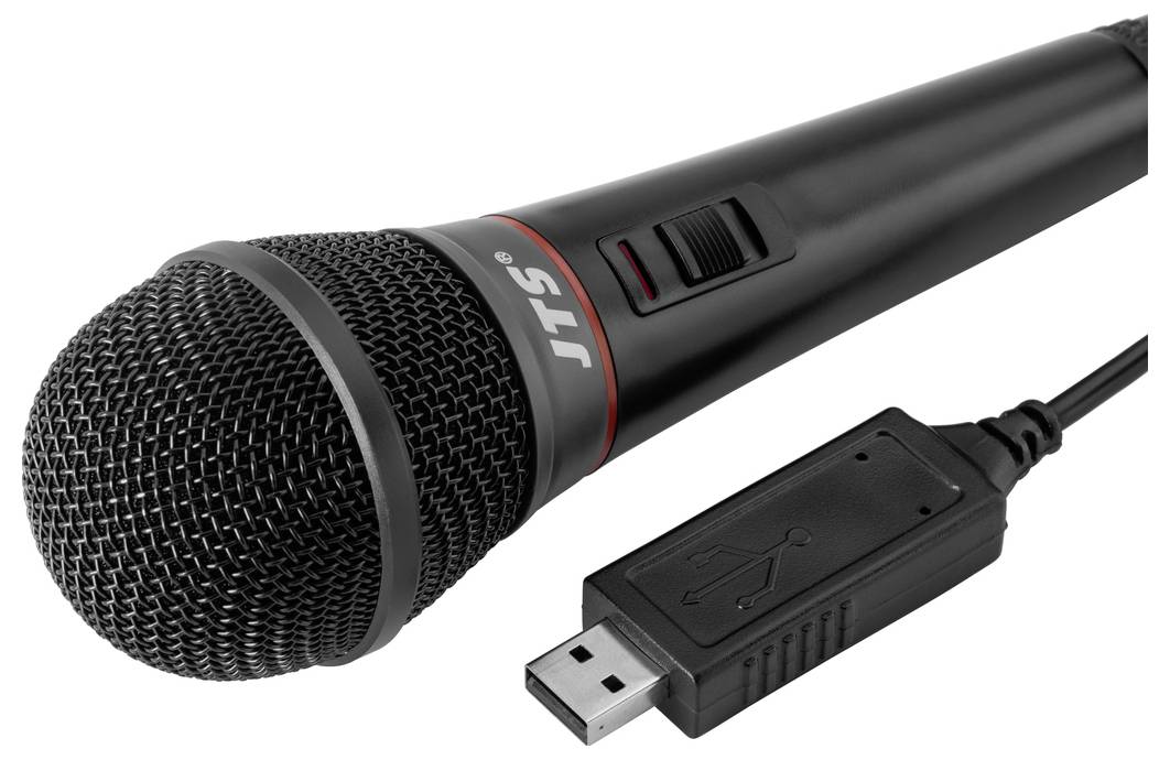 Ein schwarzes USB-Mikrofon mit Schalter und rotem Ring, geeignet für Sprachaufnahmen oder Gesang, liegt auf weißem Hintergrund.