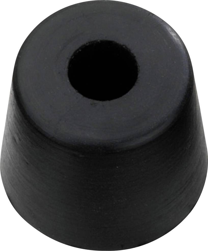 Ein schwarzer, konisch geformter Gummipuffer mit einem Loch in der Mitte, das auf einer ebenen Fläche steht.