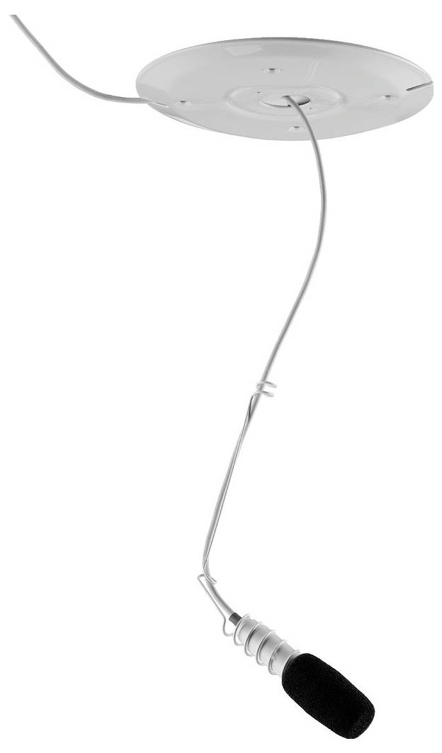 Deckenmikrofon mit flexiblem Kabel und schwarzem Schaumstoffschutz. Geeignet zur Tonaufnahme in Konferenzräumen.
