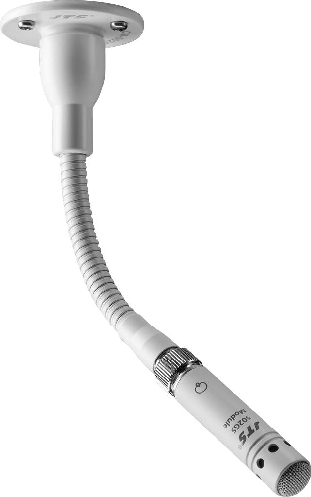 Ein weißes Deckenmikrofon mit flexiblem Schwanenhals für präzise Ausrichtung, geeignet für Konferenzräume oder Bühnenanwendungen.