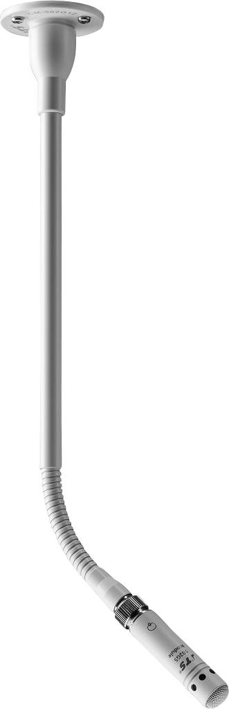 Ein Mikrofon mit flexiblem Hals an einer Deckenhalterung, geeignet für Aufnahmen in Konferenzräumen oder Studios.