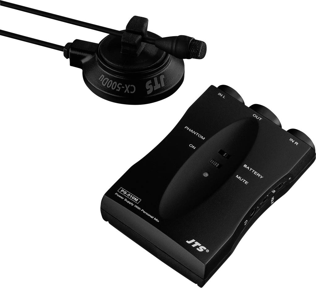 'Mikrofon CX-500DU' mit Steuergerät JTS PS-510M, geeignet zur Instrumentenabnahme, mit Optionen für 'Phantom', 'Mute' und 'Batterie'.