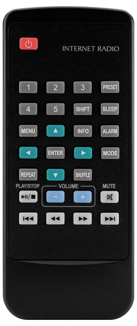 Schwarze Fernbedienung mit Tasten für 'Internet Radio'. Oben: Power. Zahlen 1-4. Menü, Info, Alarm. Lautstärke und Wiedergabesteuerung unten.