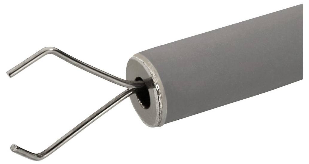 Metallischer Haken an einem grauen Griff, der zur Handhabung oder Montage von Gegenständen verwendet werden könnte.
