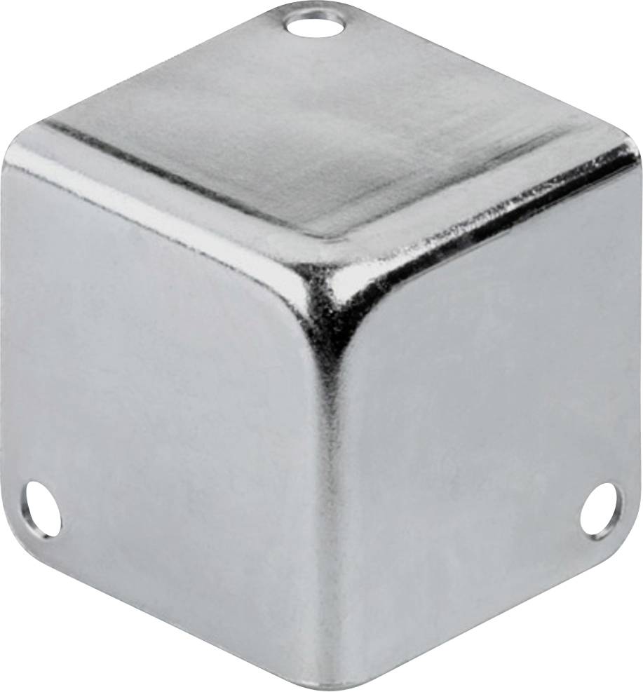 Ein glänzender, metallener Würfel mit abgerundeten Kanten und einem Loch in jeder Ecke.