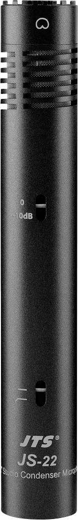 Das Bild zeigt ein schlankes, schwarzes Kondensatormikrofon, Modell 'JTS JS-22', mit Schaltern für 0dB- und -10dB-Pad.
