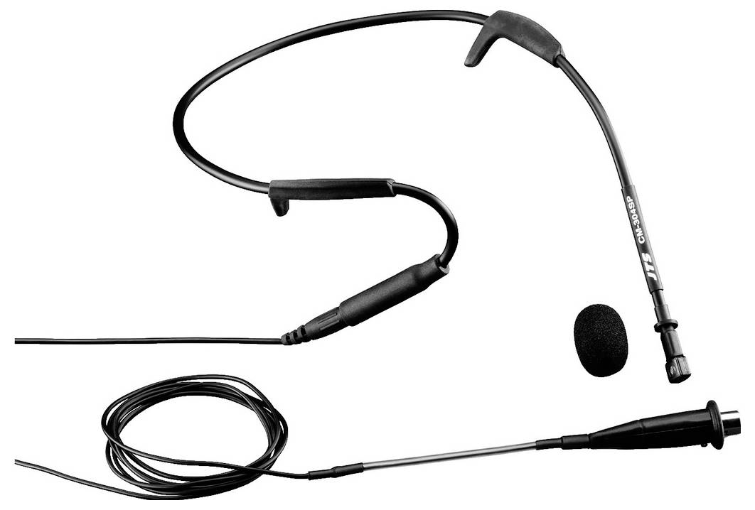 Leichtes Headset-Mikrofon mit verstellbarem Bügel und Kabel, geeignet für Präsentationen oder Bühnenauftritte.