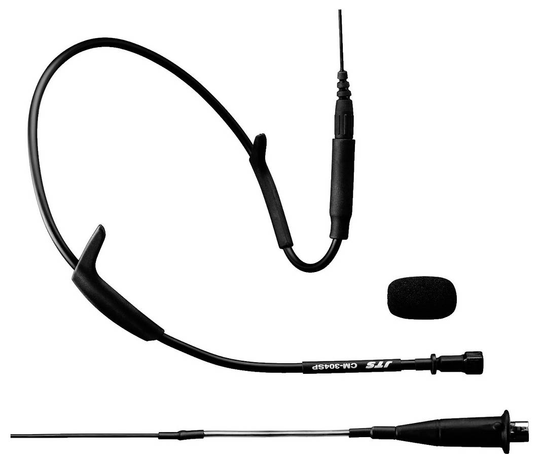 Ein schwarzes Headset-Mikrofon mit flexiblem Bügel und Mikrofonarm. Zubehörteile wie Popschutz sind enthalten.