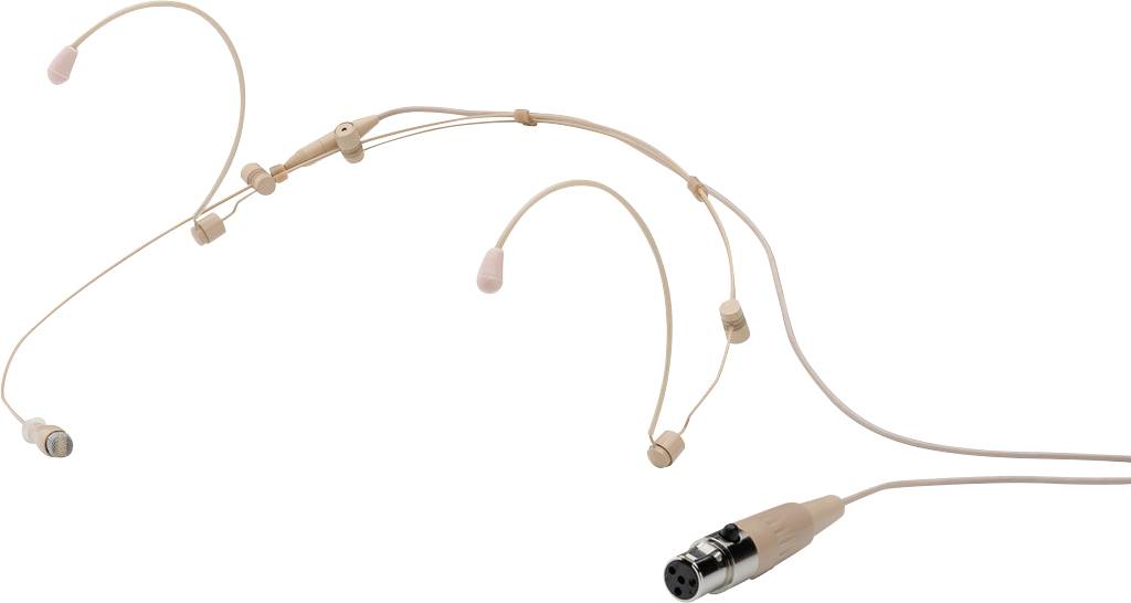 Hautfarbenes Headset-Mikrofon mit biegsamem Arm und XLR-Anschluss, geeignet für Präsentationen oder Bühnenauftritte.