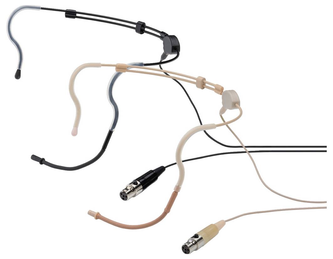 Mehrere Headset-Mikrofone in verschiedenen Farben mit XLR-Anschlüssen, die für Bühnen- oder Präsentationsanwendungen geeignet sind.